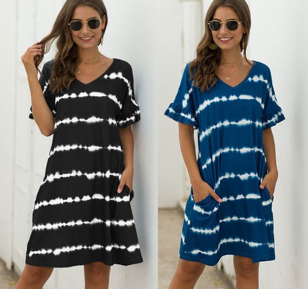 2020 summer new european and american women's pocket wave stripe tie dye casual loose short sleeve dress, Black;gray
2020 summer new european and american women's pocket wave stripe tie dye casual loose short sleeve dress, Black;gray