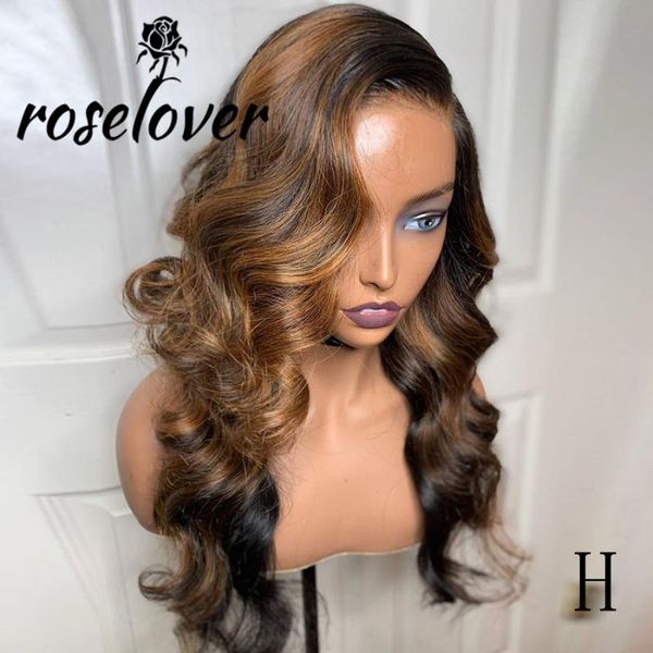 

lace wigs roselover ombre 13*6 front human hair remy brazilian wavy wig pre plucked with baby 180% deep parting, Black;brown