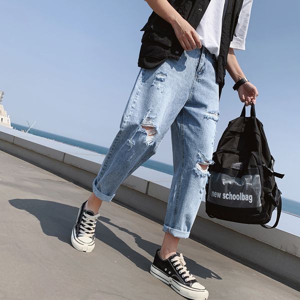thin section hole jeans men's fashion washed solid color casual straight jeans streetwear hip hop loose hole denim trousers mens, Blue
thin section hole jeans men's fashion washed solid color casual straight jeans streetwear hip hop loose hole denim trousers mens, Blue