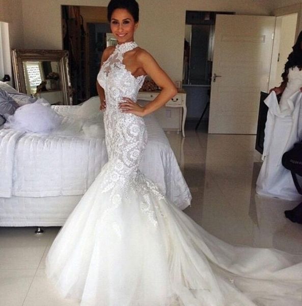 Halter Neck Lace Mermaid Wedding Dresses Button Back Tulle Appliques Fashion Western Bridal Dresses Wedding Gowns Vestido De Novia
Halter Neck Lace Mermaid Wedding Dresses Button Back Tulle Appliques Fashion Western Bridal Dresses Wedding Gowns Vestido De Novia
