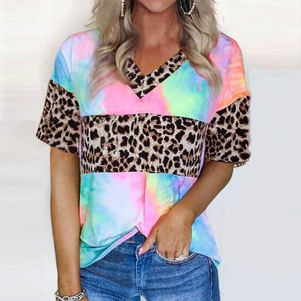 women 2020 t shirt women casual tie-dyet shirt summer leopard patchwork v neck short sleeve harajuku femme clothes, White
women 2020 t shirt women casual tie-dyet shirt summer leopard patchwork v neck short sleeve harajuku femme clothes, White