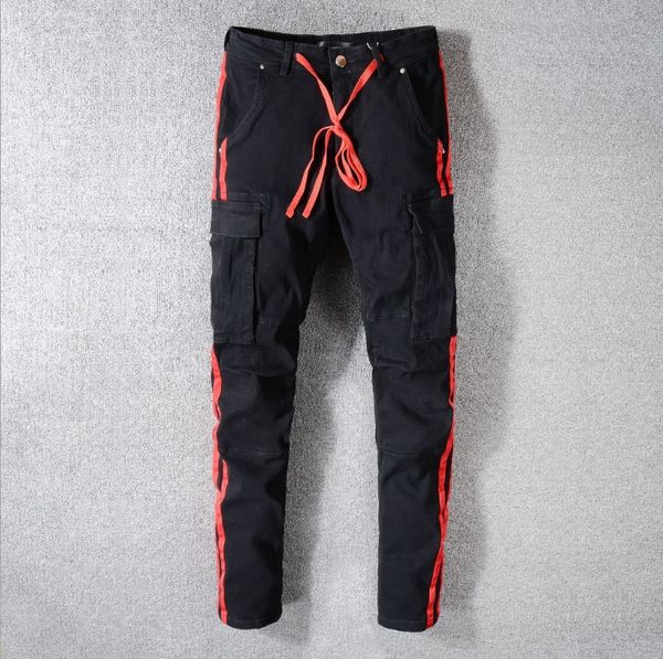 new style men's ankle length pants distressed washed black denim skinny jeans with red side slim trousers, Blue
new style men's ankle length pants distressed washed black denim skinny jeans with red side slim trousers, Blue