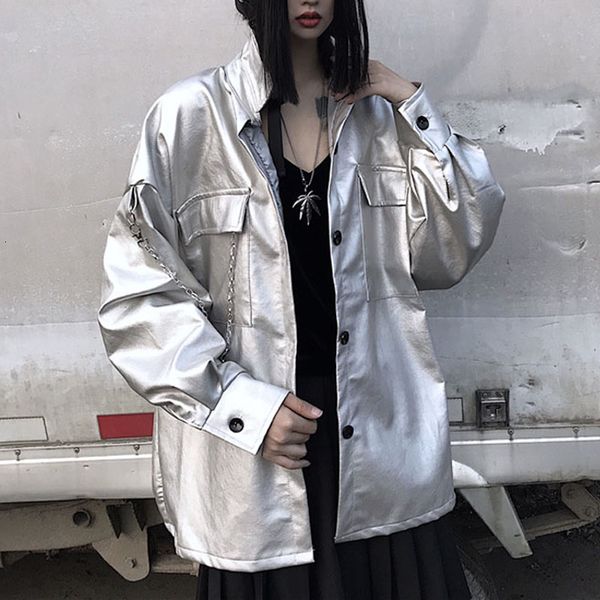women's leather & faux pu jacket women loose harajuku soft silver outwear motorcycle coat chain hip-hop py107, Black
women's leather & faux pu jacket women loose harajuku soft silver outwear motorcycle coat chain hip-hop py107, Black
