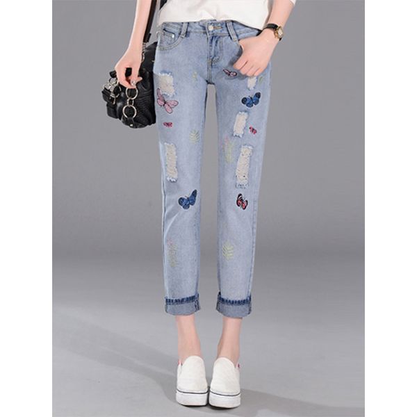 women's denim pants appliques distressed washed casual jeans, Blue
women's denim pants appliques distressed washed casual jeans, Blue