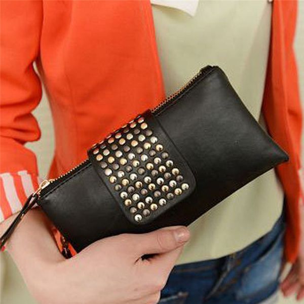 women's clutch bag european american studded black pu soft leather mid-length fashion ladies dinner with double zip wallet
women's clutch bag european american studded black pu soft leather mid-length fashion ladies dinner with double zip wallet