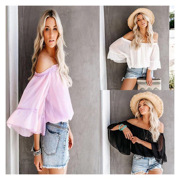 women's leisure casual off shoulder loose 3/4sleeve blouse summer chiffon shirts, White