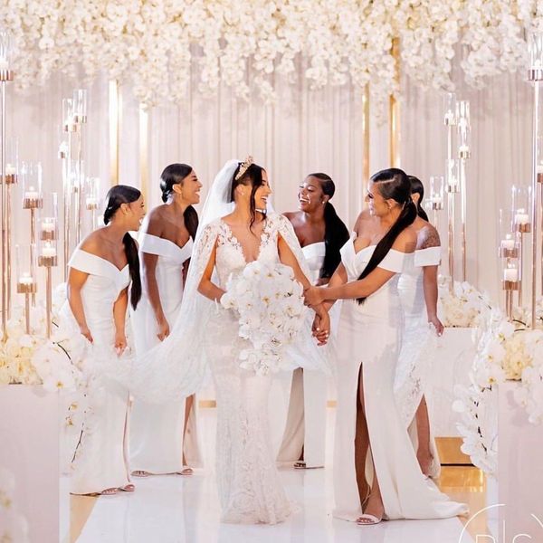 new elegant african mermaid bridesmaid dresses off shoulder split side long maid of honor prom gowns plus size custom made, White;pink
new elegant african mermaid bridesmaid dresses off shoulder split side long maid of honor prom gowns plus size custom made, White;pink