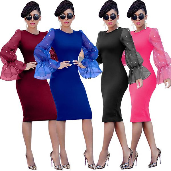 o neck long flare sleeve office dress women beading mesh patchwork slim fit midi dress elegant plus size party dress nzk-1695, Black;gray
o neck long flare sleeve office dress women beading mesh patchwork slim fit midi dress elegant plus size party dress nzk-1695, Black;gray