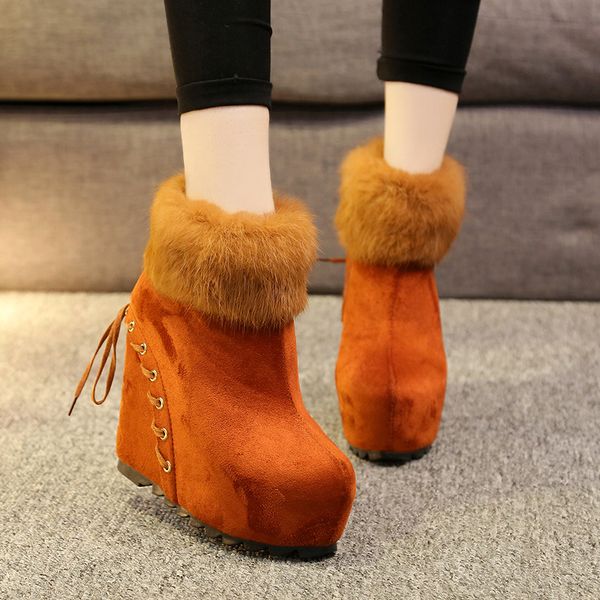 platform boots height increase women winter fashion furry decoration high heel wedge boots cross tied women ankle, Black
platform boots height increase women winter fashion furry decoration high heel wedge boots cross tied women ankle, Black