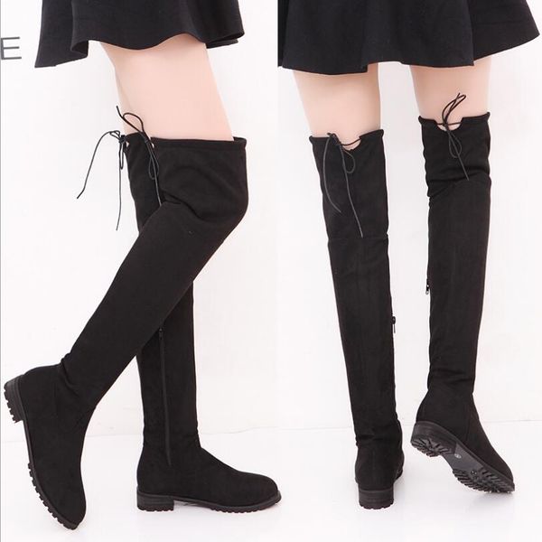 

slhjc women long boots low square heel round toe side zip above over the knee spring autumn boots shoes plus size, Black