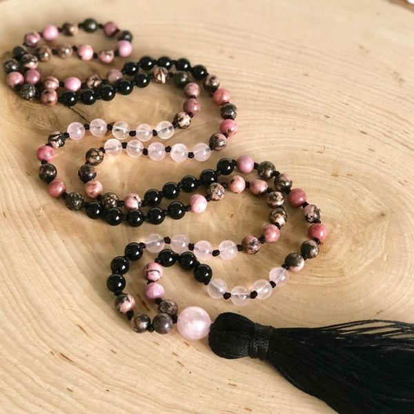 hand knotted 6mm pink black rhodonite rose q-uartz and black onyx mala necklace for women 108 beaded mala necklace, Silver
hand knotted 6mm pink black rhodonite rose q-uartz and black onyx mala necklace for women 108 beaded mala necklace, Silver