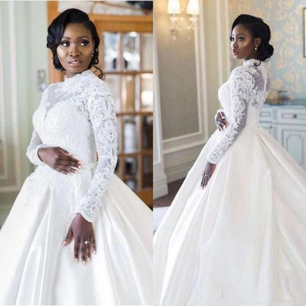 african long sleeves lace muslim ball gown wedding dresses 2019 with pearls appliques satin court train wedding bridal gowns, White
african long sleeves lace muslim ball gown wedding dresses 2019 with pearls appliques satin court train wedding bridal gowns, White