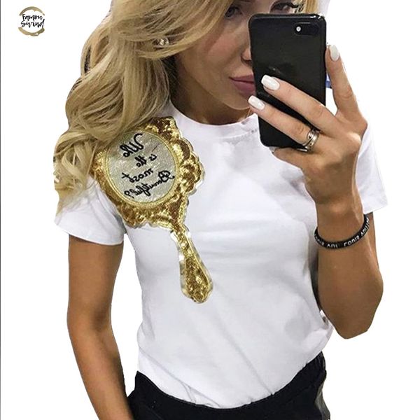 spring summer t shirt women fashion sequin mirror short sleeve women t shirts o neck elegant cute women blusa, White
spring summer t shirt women fashion sequin mirror short sleeve women t shirts o neck elegant cute women blusa, White