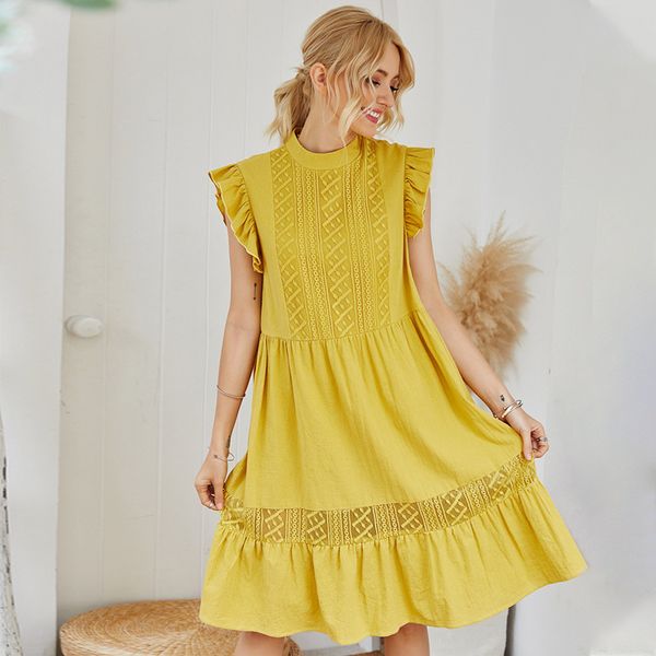 2020 summer new european and american fashion yellow sweet loose cover meat splicing pleated yarn mesh long dress, White;black
2020 summer new european and american fashion yellow sweet loose cover meat splicing pleated yarn mesh long dress, White;black