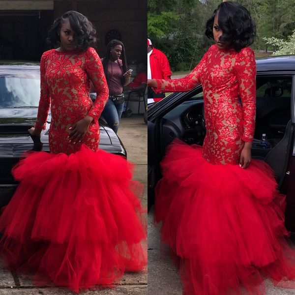stylish red lace mermaid prom dresses bateau neck long sleeves evening gowns tiered plus size floor length formal dress, Black
stylish red lace mermaid prom dresses bateau neck long sleeves evening gowns tiered plus size floor length formal dress, Black