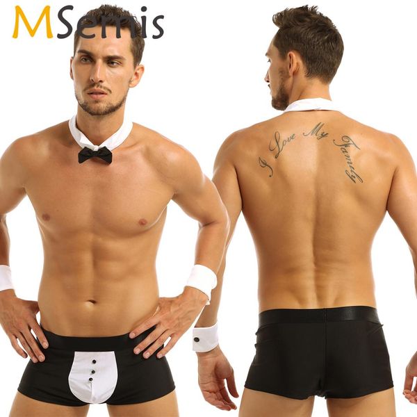 

men tuxedo lingerie butler waiter tuxedo suit boxer underwear with bow tie collar bracelets sissy pouch panties roleplay costume, Black;white