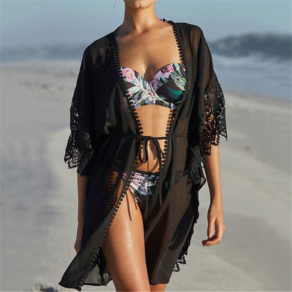 black embroidery hem kimono 2019 summer chiffon transparent fringe women beach cover up dress cobre kaftan robe de plage, Blue;gray
black embroidery hem kimono 2019 summer chiffon transparent fringe women beach cover up dress cobre kaftan robe de plage, Blue;gray
