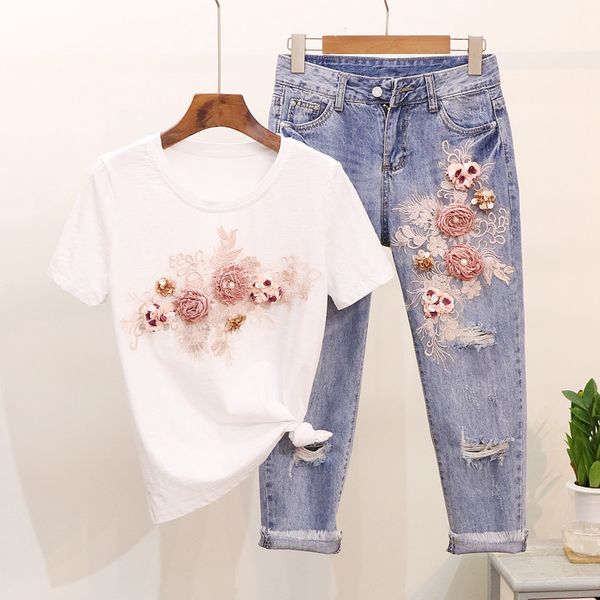 women's two pieces sets 2019 new fashion embroidery sequins harajuku suit pearl flowers sweet style clothing jeans, White
women's two pieces sets 2019 new fashion embroidery sequins harajuku suit pearl flowers sweet style clothing jeans, White