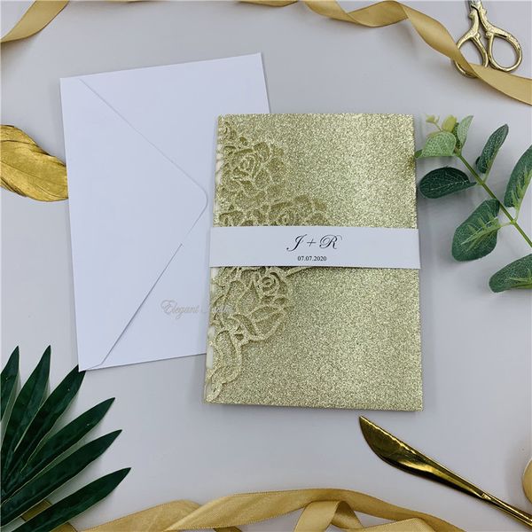 special glitter champagne tri-fold laser cut wedding invitations with rsvp card & belly band, laser invites for weddings&event
special glitter champagne tri-fold laser cut wedding invitations with rsvp card & belly band, laser invites for weddings&event