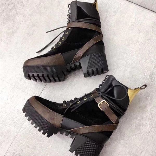 Laureate platform de ert boot women luxury leather ankle martin lace up boot ladie chunky heel cow leather de igner winter boot with box