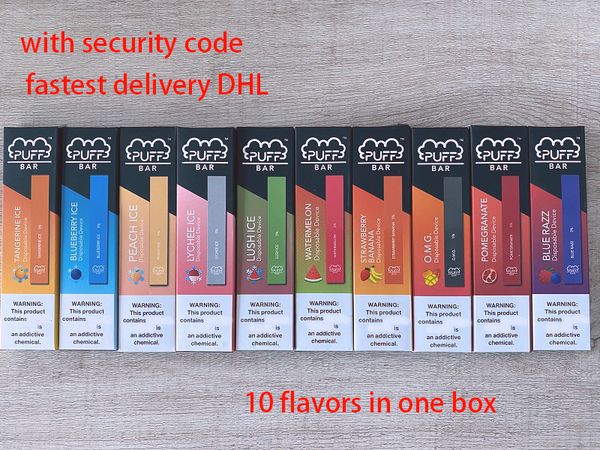 Свободная перевозка груза! Новые Упаковка Puff Bar Одноразовые устройства 1,3 мл Pod Kit 280mAh батарея с кодом безопасности