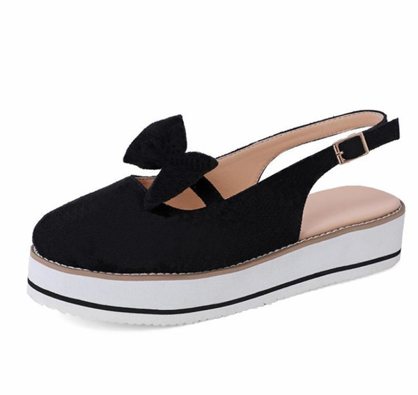 women's shoes 2020 summer new bow back empty waterproof platform women's shoes car sewing round toe slope heel, Black