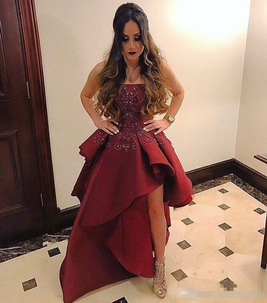 burgundy high low prom dresses tiered skirt satin luxury beaded crystal custom made strapless formal occasion wear evening party gowns, Black
burgundy high low prom dresses tiered skirt satin luxury beaded crystal custom made strapless formal occasion wear evening party gowns, Black