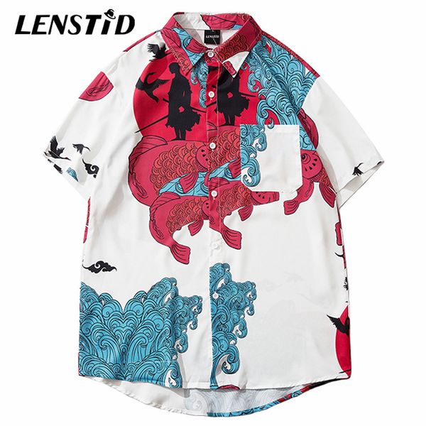 lenstid men hip hop great wave samuri print hawaiian shirt harajuku streetwear beach shirt summer short sleeve thin aloha shirts, White;black