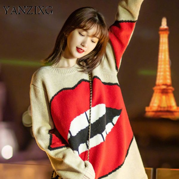 autumn winter new long-sleeved round neck solid color fashion trend women loose big red lips round neck sweater z458, White;black
autumn winter new long-sleeved round neck solid color fashion trend women loose big red lips round neck sweater z458, White;black