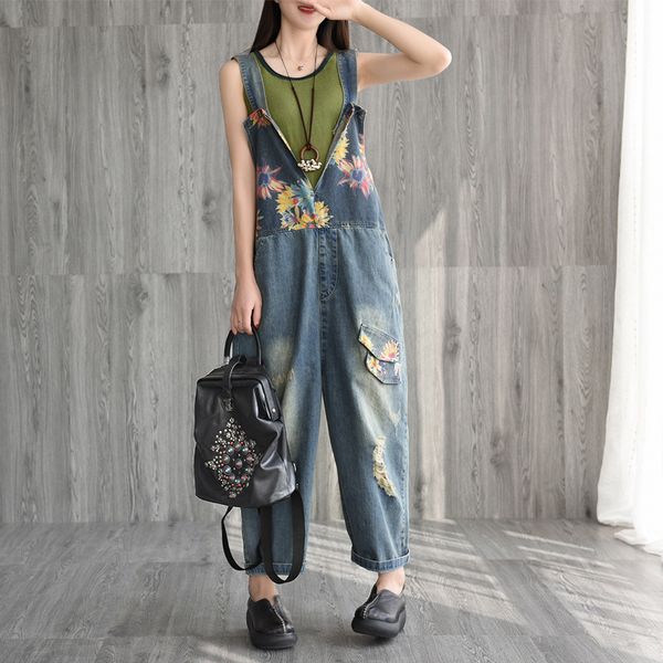 2019 new retro art patch holes printed jeans joker loose casual belt pants jumpsuit women strap jeans pants, Blue
2019 new retro art patch holes printed jeans joker loose casual belt pants jumpsuit women strap jeans pants, Blue