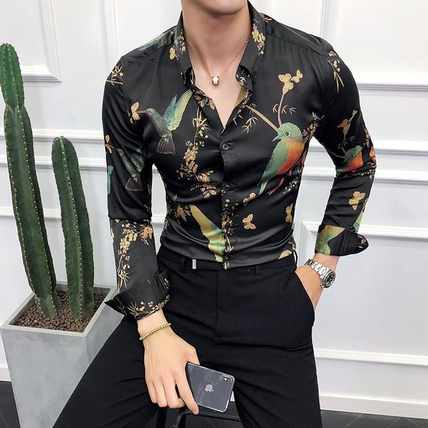 long sleeve men's luxury tee slim fit casual birds tree printed shirts black yellow turn down collar chemise homme, White;black
long sleeve men's luxury tee slim fit casual birds tree printed shirts black yellow turn down collar chemise homme, White;black