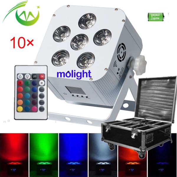 

10шт wireless dmx dj батареи снизу вверх power led flat par 6 * 18вт rgbwa уф 6in1 партии аплайты для свадьбы с зарядным чехлом