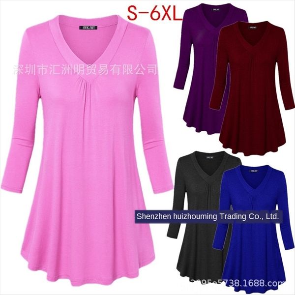 2019 solid color large size women's v-neck long sleeve loose shirt shirt pleated t-shirt, White
2019 solid color large size women's v-neck long sleeve loose shirt shirt pleated t-shirt, White