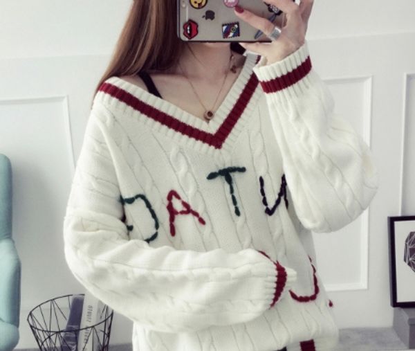 women sweaters and pullovers 2018 autumn winter v neck letters print pull jumpers chic oversized knitwear female pull femme, White
women sweaters and pullovers 2018 autumn winter v neck letters print pull jumpers chic oversized knitwear female pull femme, White