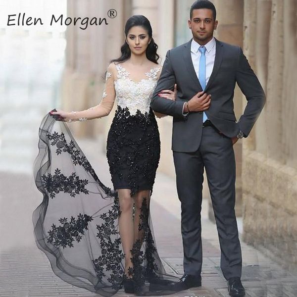 long sleeve black ivory evening dresses mermaid long vesidos de gala elegant 2019 boat neck applique tulle formal party gowns, White;black
long sleeve black ivory evening dresses mermaid long vesidos de gala elegant 2019 boat neck applique tulle formal party gowns, White;black