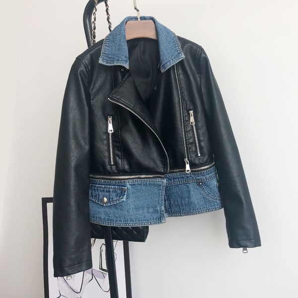 2019 spring autumn new female short section denim stitching leather jacket jacket slim lapel pu leather motorcycle female cc129, Black
2019 spring autumn new female short section denim stitching leather jacket jacket slim lapel pu leather motorcycle female cc129, Black