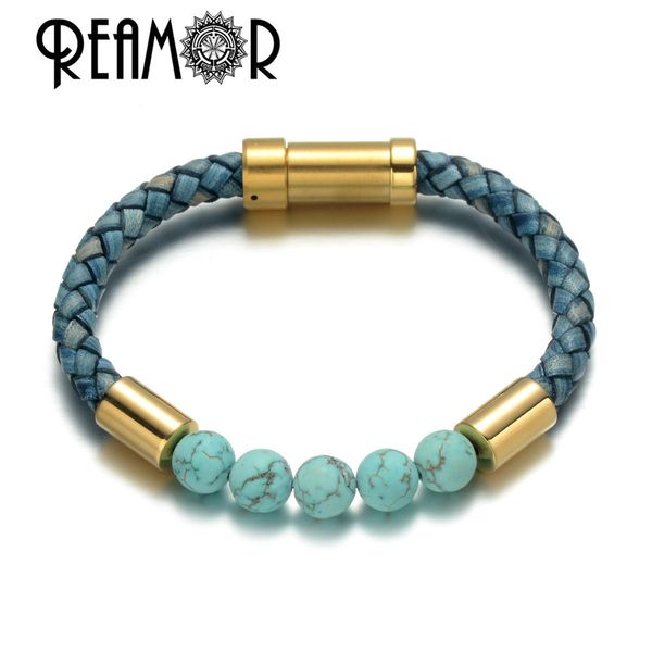 reamor sea series blue-veins natural stone retro braided leather charm bracelet men gold plating stainless steel clasp bangle, Golden;silver
reamor sea series blue-veins natural stone retro braided leather charm bracelet men gold plating stainless steel clasp bangle, Golden;silver