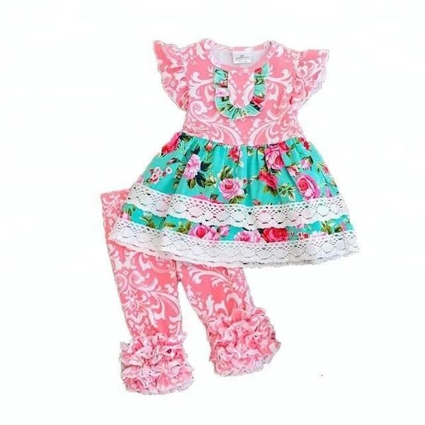 boutique outfits cotton lace tunic skirt printed pink ruffle design children summer dress set, White 
boutique outfits cotton lace tunic skirt printed pink ruffle design children summer dress set, White