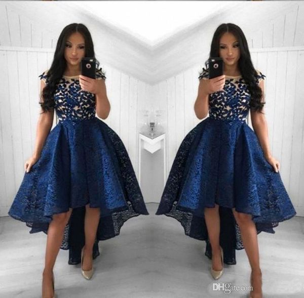 2019 navy blue lace cocktail dresses a line crew neck high low short prom party dresses homecoming dresses hi-lo prom gowns, Black