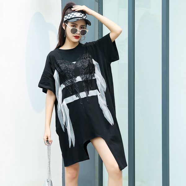 wings embroidery lady t-shirt dress oversized hip hop streetwear irregular thin summer dress women 2020 new loose long vestidos, Black;gray
wings embroidery lady t-shirt dress oversized hip hop streetwear irregular thin summer dress women 2020 new loose long vestidos, Black;gray