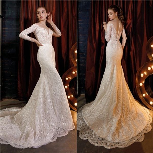 2020 illusion mermaid wedding dresses sweetheart long sleeves appliqued beaded sequins bridal gown court train custom made vestidos de novia, White
2020 illusion mermaid wedding dresses sweetheart long sleeves appliqued beaded sequins bridal gown court train custom made vestidos de novia, White