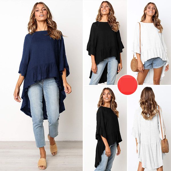 womens short front and long back hi-lo round neck 3/4 sleeve splicing womens t-shirt tees, White
womens short front and long back hi-lo round neck 3/4 sleeve splicing womens t-shirt tees, White