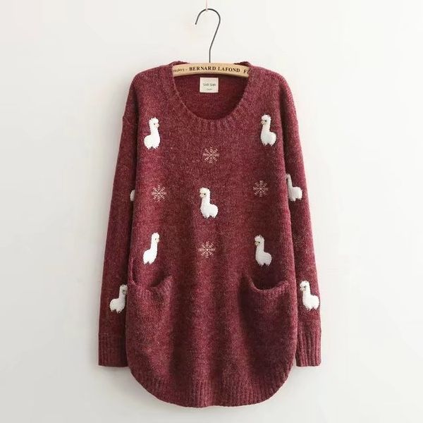 fmfssom womem's cute alpaca and snowflake pattern slit pockets pullover sweater cartoon embroidered mori girl knitwear, White;black
fmfssom womem's cute alpaca and snowflake pattern slit pockets pullover sweater cartoon embroidered mori girl knitwear, White;black