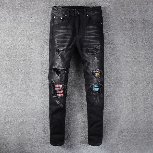 men's jeans ly designer fashion men black color slim fit elastic ripped denim punk pants patchwork hip hop, Blue
men's jeans ly designer fashion men black color slim fit elastic ripped denim punk pants patchwork hip hop, Blue