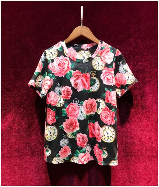 european and american women's clothing 2020 summer new style clock rose print heavy duty beaded short sleeve t-shirt, White
european and american women's clothing 2020 summer new style clock rose print heavy duty beaded short sleeve t-shirt, White