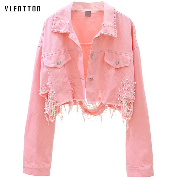 autumn streetwear pink white women's jeans jacket coat beading hole short female denim jackets long sleeve loose cowboy outwear y200101, Black;brown
autumn streetwear pink white women's jeans jacket coat beading hole short female denim jackets long sleeve loose cowboy outwear y200101, Black;brown
