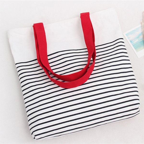 cotton stripe canvas shopping tote shoulder carrying bag eco reusable bag zippered small shopping