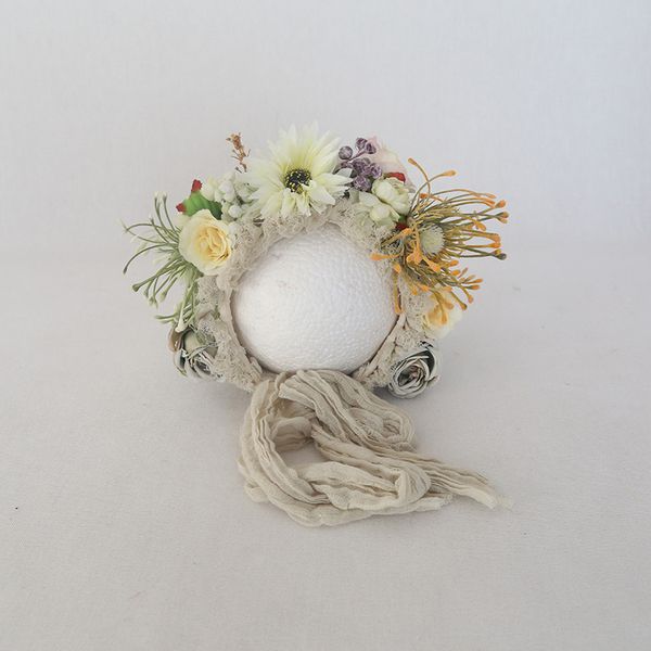 beige newborn floral bonnet handmade baby girl flower hat newborn bonnet pgraphy props, White