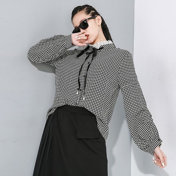 women black plaid split blouse new ruffles collar long sleeve loose fit shirt fashion tide spring utumn 2020 1n195, White 
women black plaid split blouse new ruffles collar long sleeve loose fit shirt fashion tide spring utumn 2020 1n195, White