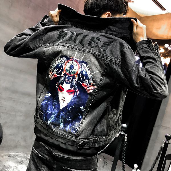 2020 new punk style bejing opera prints rivet denim jacket men coat streetwear slim cotton jeans for male hip hop high street, Black;brown
2020 new punk style bejing opera prints rivet denim jacket men coat streetwear slim cotton jeans for male hip hop high street, Black;brown